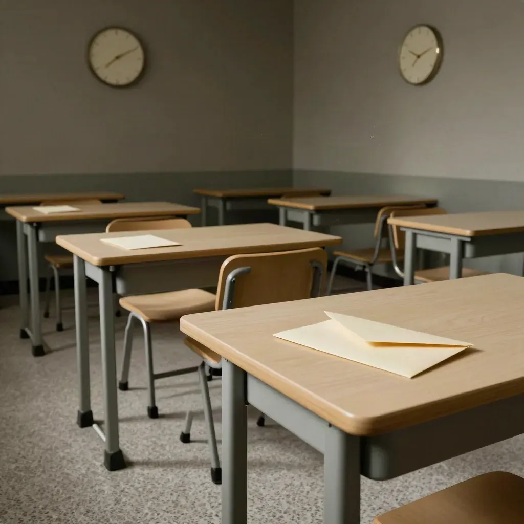 Pusta sala egzaminacyjna z ławkami, kopertami, zegarem i pojemnikiem w chłodnym świetle.