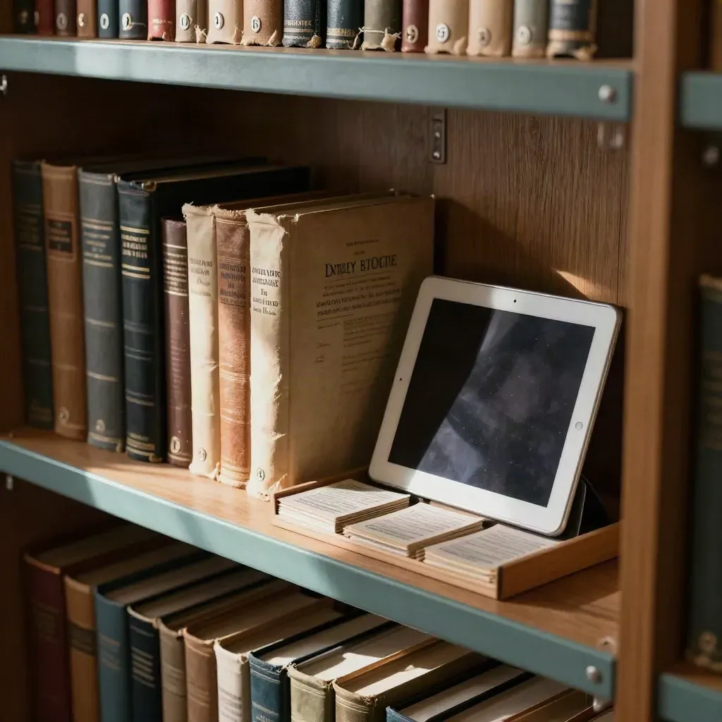 Biblioteczna półka z atlasami, książkami, kartami do nauki i wyłączonym stojakiem na tablet.