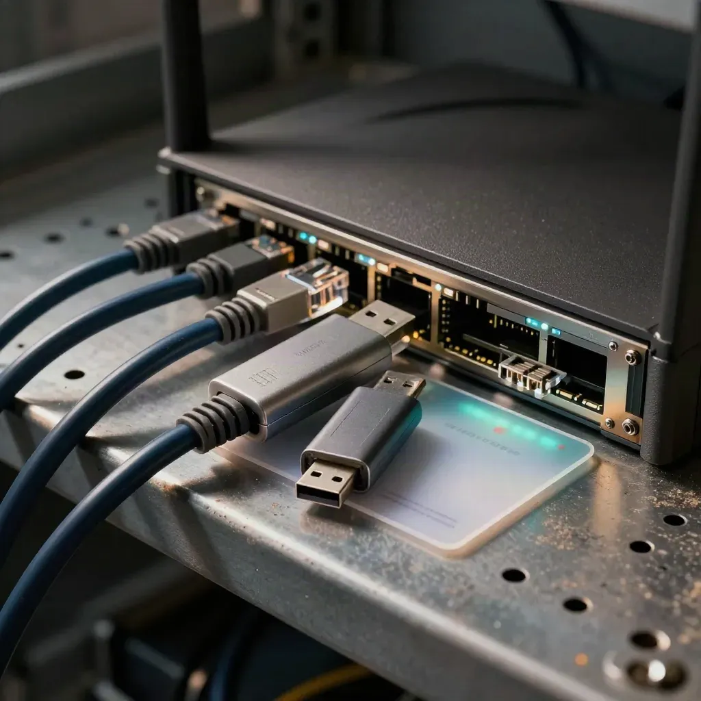 Kable ethernetowe, router, pendrive i karta dostępu przy panelu wdrożeniowym, z zapalającymi się diodami
