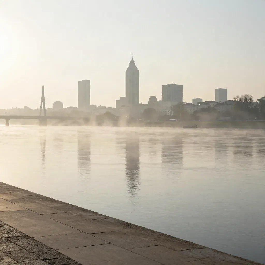 Panorama Warszawy nad Wisłą o świcie, z mgłą i spokojną przestrzenią na tekst.