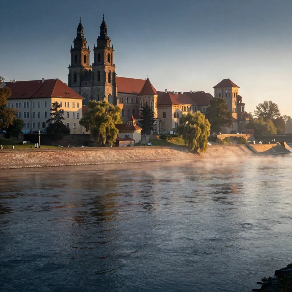 Wawel i Wisła o świcie, złote światło nad Krakowem, spokojna mgła nad rzeką.